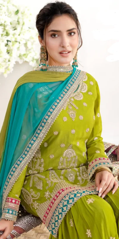 Mahendi Chinon Embroidery Mirror Work Salwar Suit | Jump Suits, Salwar suit, Casual Suits, Creative suits, Designer Suits, Palazzo Suits, Party Wear Suits, Patiala Suits, Straight Suits