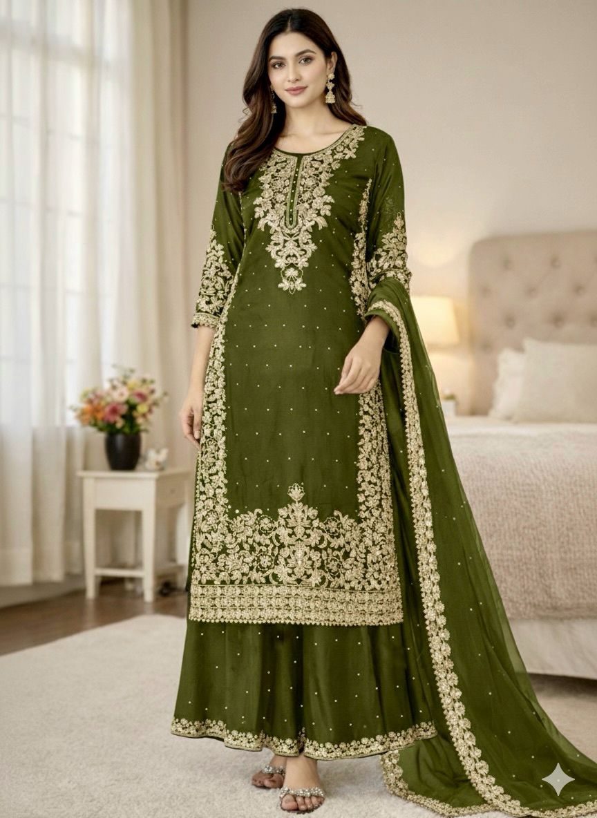 Mahendi Organza Silk Embroidery Work Salwar Suit | Jump Suits, Salwar suit, Casual Suits, Creative suits, Designer Suits, Palazzo Suits, Party Wear Suits, Patiala Suits, Straight Suits