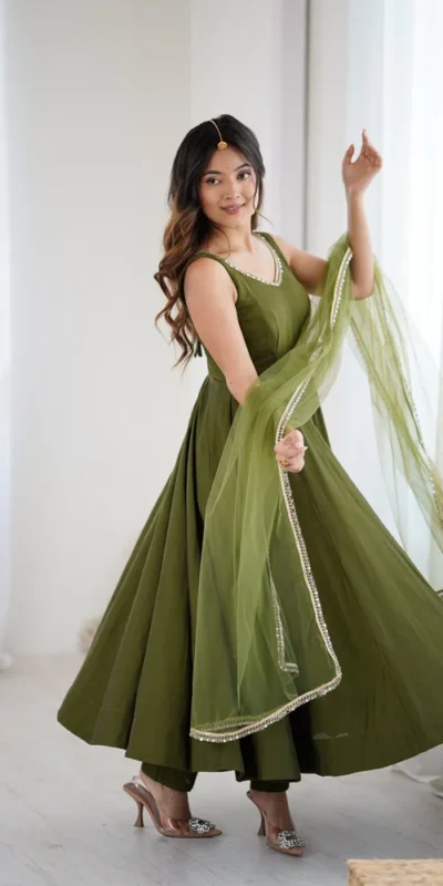 Mahendi Roman Silk Chanderi Mirror Work Gown | Jump Suits, Salwar suit, Casual Suits, Creative suits, Designer Suits, Palazzo Suits, Party Wear Suits, Patiala Suits, Straight Suits