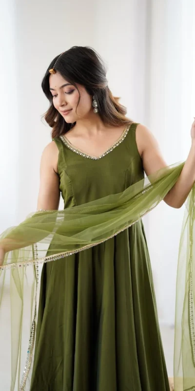 Mahendi Roman Silk Chanderi Mirror Work Gown | Jump Suits, Salwar suit, Casual Suits, Creative suits, Designer Suits, Palazzo Suits, Party Wear Suits, Patiala Suits, Straight Suits