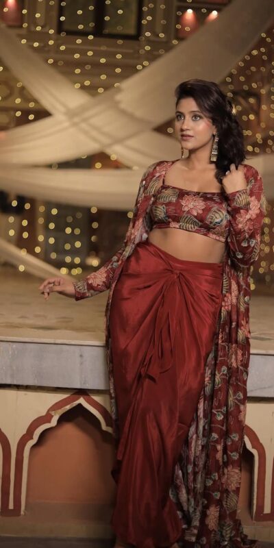 Maroon Crape Printed Shrug Suit | Jump Suits, Salwar suit, Casual Suits, Creative suits, Designer Suits, Palazzo Suits, Party Wear Suits, Patiala Suits, Straight Suits