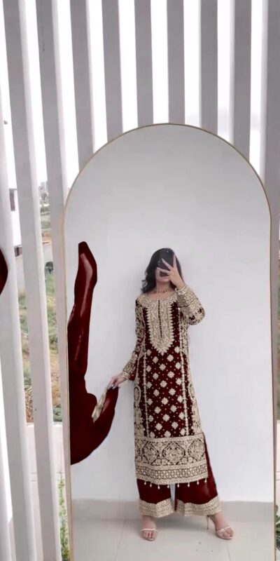 Maroon Faux Georgette Embroidery Salwar Suit | Jump Suits, Salwar suit, Casual Suits, Creative suits, Designer Suits, Palazzo Suits, Party Wear Suits, Patiala Suits, Straight Suits