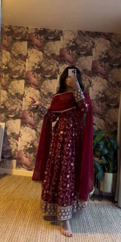 Maroon Faux Georgette Sequence Work Gown | Gowns, Bollywood Gowns, Creative Gowns, Designer Gowns, Embroidered Gowns, Party Wear Gowns