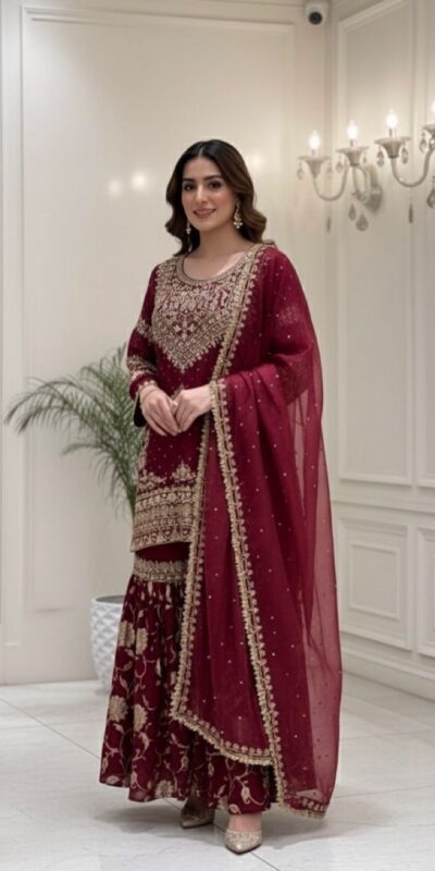 Maroon Georgette Embroidery Work Salwar Suit | Jump Suits, Salwar suit, Casual Suits, Creative suits, Designer Suits, Palazzo Suits, Party Wear Suits, Patiala Suits, Straight Suits