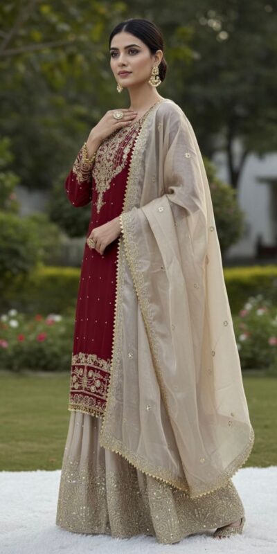Maroon Organza Silk Embroidery Lace Work Salwar Suit | Jump Suits, Salwar suit, Casual Suits, Creative suits, Designer Suits, Palazzo Suits, Party Wear Suits, Patiala Suits, Straight Suits