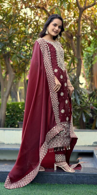 Maroon Organza Silk Embroidery Work Salwar Suit | Jump Suits, Salwar suit, Casual Suits, Creative suits, Designer Suits, Palazzo Suits, Party Wear Suits, Patiala Suits, Straight Suits
