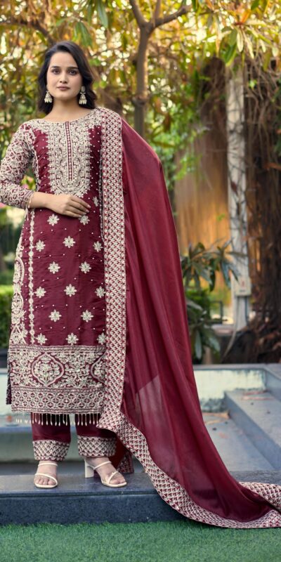 Maroon Organza Silk Embroidery Work Salwar Suit | Jump Suits, Salwar suit, Casual Suits, Creative suits, Designer Suits, Palazzo Suits, Party Wear Suits, Patiala Suits, Straight Suits
