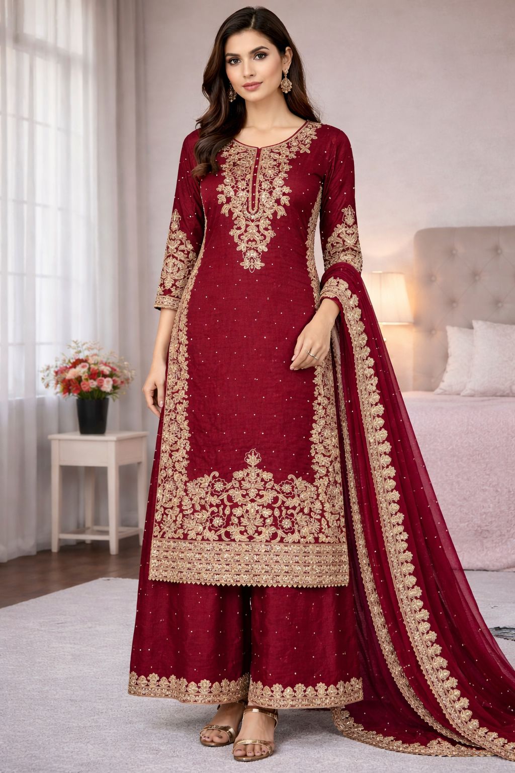 Maroon Organza Silk Embroidery Work Salwar Suit | Jump Suits, Salwar suit, Casual Suits, Creative suits, Designer Suits, Palazzo Suits, Party Wear Suits, Patiala Suits, Straight Suits