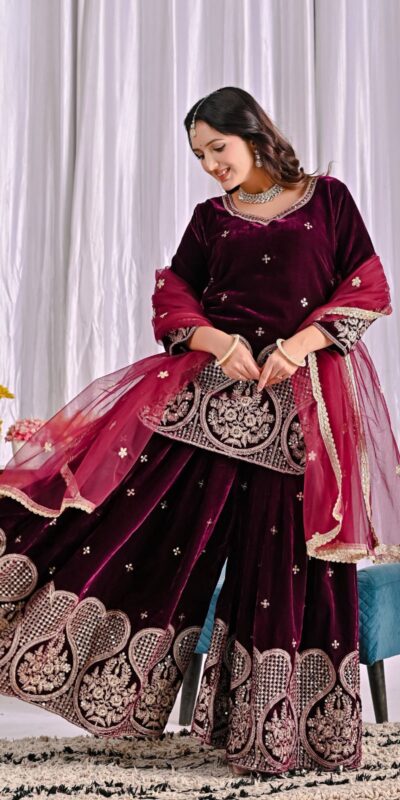 Maroon Pure Viscous Velvet Embroidery Work Salwar Suit | Jump Suits, Tops & Bottoms, Track Suits, Salwar suit, Casual Suits, Creative suits, Designer Suits, Palazzo Suits, Party Wear Suits, Patiala Suits, Straight Suits, Trendy Wear