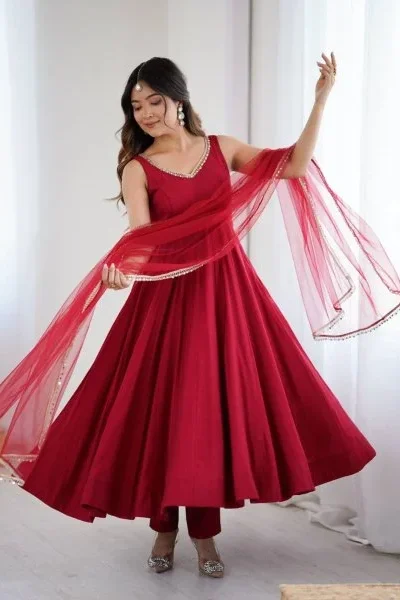 Maroon Roman Silk Chanderi Mirror Work Gown | Jump Suits, Salwar suit, Casual Suits, Creative suits, Designer Suits, Palazzo Suits, Party Wear Suits, Patiala Suits, Straight Suits