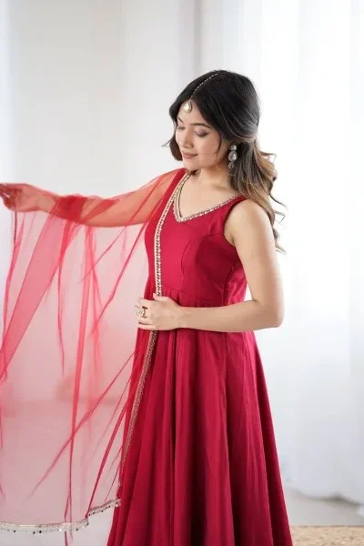 Maroon Roman Silk Chanderi Mirror Work Gown | Jump Suits, Salwar suit, Casual Suits, Creative suits, Designer Suits, Palazzo Suits, Party Wear Suits, Patiala Suits, Straight Suits