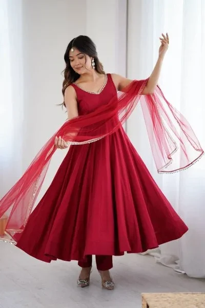 Maroon Roman Silk Chanderi Mirror Work Gown | Jump Suits, Salwar suit, Casual Suits, Creative suits, Designer Suits, Palazzo Suits, Party Wear Suits, Patiala Suits, Straight Suits
