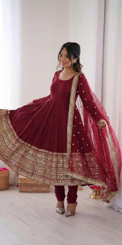 Maroon Roman Silk Embroidery Lace Work Gown | Gowns, Bollywood Gowns, Creative Gowns, Designer Gowns, Embroidered Gowns, Party Wear Gowns