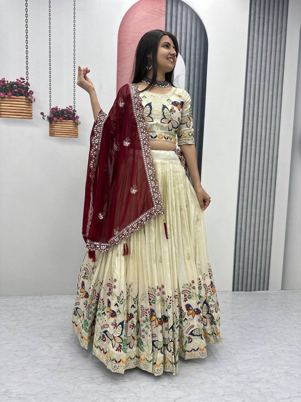 Maroon Tissue Silk Lace Thread Work Lehenga Choli | Lehenga, Bollywood Lehenga, Creative Lehenga, Designer Lehenga, Embroidered Lehenga, Party Wear Lehenga