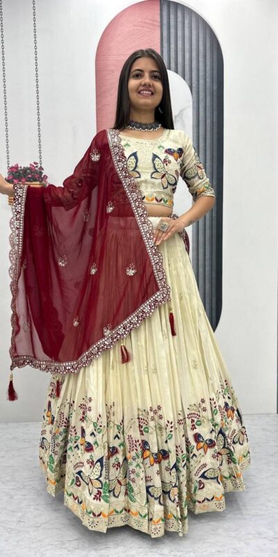 Maroon Tissue Silk Lace Thread Work Lehenga Choli | Lehenga, Bollywood Lehenga, Creative Lehenga, Designer Lehenga, Embroidered Lehenga, Party Wear Lehenga
