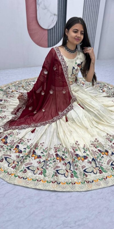 Maroon Tissue Silk Lace Thread Work Lehenga Choli | Lehenga, Bollywood Lehenga, Creative Lehenga, Designer Lehenga, Embroidered Lehenga, Party Wear Lehenga
