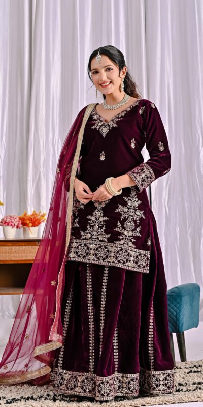 Maroon Viscous Velvet Embroidery Work Salwar Suit | Jump Suits, Salwar suit, Casual Suits, Creative suits, Designer Suits, Palazzo Suits, Party Wear Suits, Patiala Suits, Straight Suits