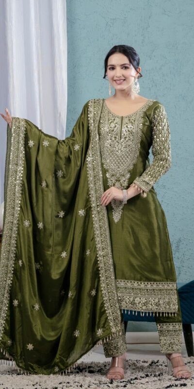 Mehandi Chinon Silk Lace Embroidery Work Salwar Suit | Jump Suits, Salwar suit, Casual Suits, Creative suits, Designer Suits, Palazzo Suits, Party Wear Suits, Patiala Suits, Straight Suits