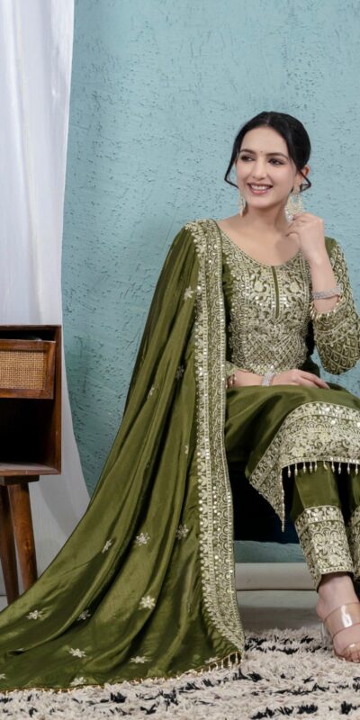 Mehandi Chinon Silk Lace Embroidery Work Salwar Suit | Jump Suits, Salwar suit, Casual Suits, Creative suits, Designer Suits, Palazzo Suits, Party Wear Suits, Patiala Suits, Straight Suits