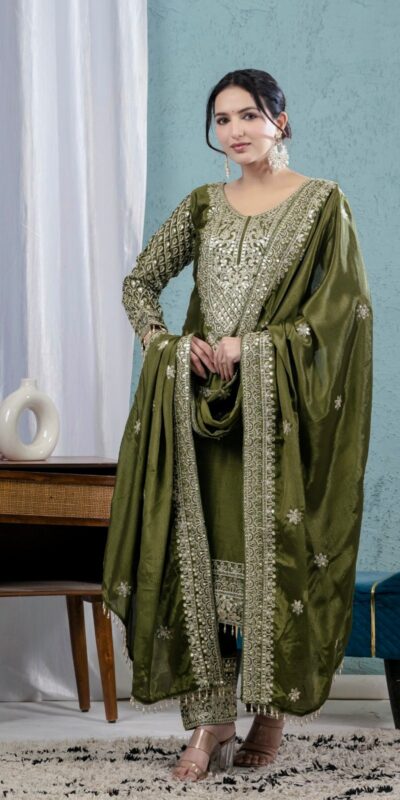 Mehandi Chinon Silk Lace Embroidery Work Salwar Suit | Jump Suits, Salwar suit, Casual Suits, Creative suits, Designer Suits, Palazzo Suits, Party Wear Suits, Patiala Suits, Straight Suits