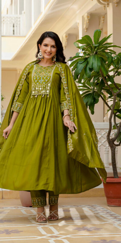 Mehendi Viscose Roman Silk Mirror Work Anarkali Suit | Anarkali Suits, Bollywood Anarkali, Creative-Anarkali, Designer Anarkali, Embroidered Anarkali, Party Wear Anarkali