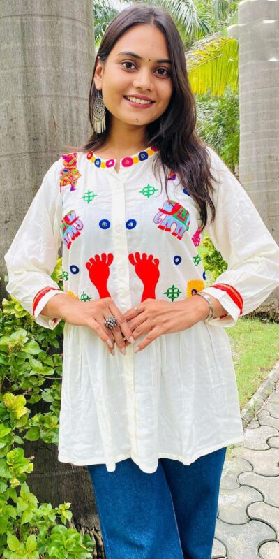 Milky White Cotton Flex and Rayo Embroidery Work Kurti | Kurti, Bollywood Kurti, Creative Kurtis, Designer Kurti, Party Wear Kurti, Selfie Kurti