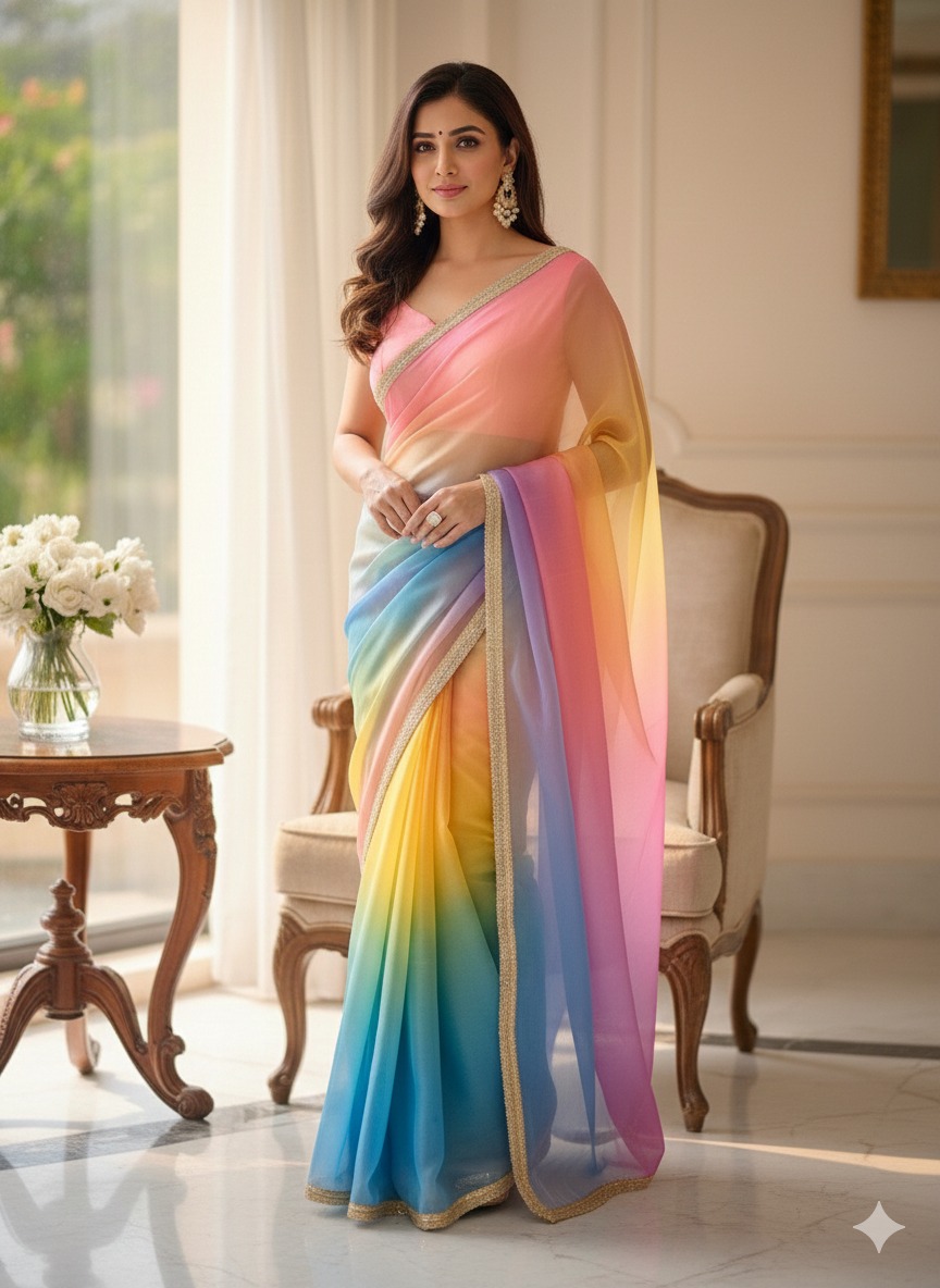 Multi Organza Embroidery Work Digital Print Saree | Sarees, Bollywood Sarees, Creative Sarees, Designer Sarees, Embroidered Sarees, Ethnic Saree, Modern Digital sarees, Party Wear Sarees