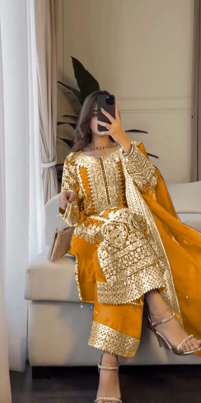 Mustard Faux Georgette Embroidery Salwar Suit | Jump Suits, Salwar suit, Casual Suits, Creative suits, Designer Suits, Palazzo Suits, Party Wear Suits, Patiala Suits, Straight Suits