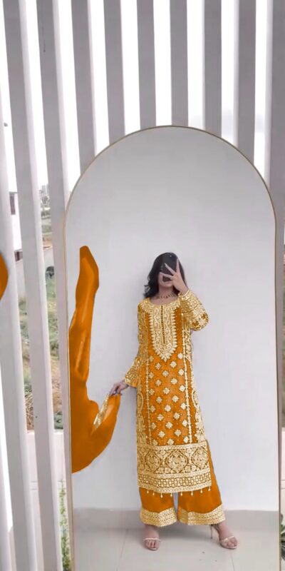 Mustard Faux Georgette Embroidery Salwar Suit | Jump Suits, Salwar suit, Casual Suits, Creative suits, Designer Suits, Palazzo Suits, Party Wear Suits, Patiala Suits, Straight Suits