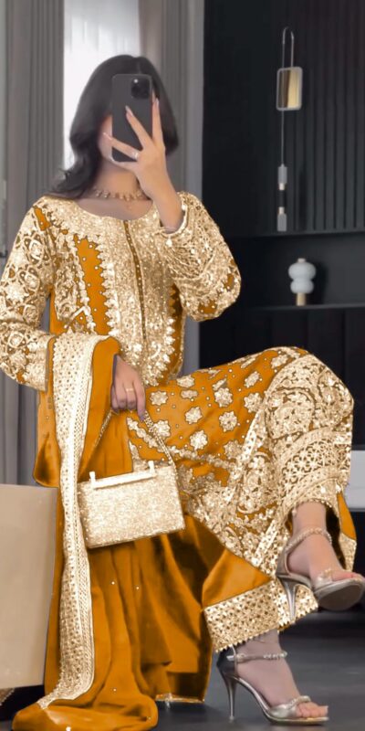 Mustard Faux Georgette Embroidery Salwar Suit | Jump Suits, Salwar suit, Casual Suits, Creative suits, Designer Suits, Palazzo Suits, Party Wear Suits, Patiala Suits, Straight Suits
