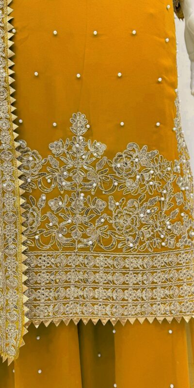 Mustard Faux Georgette Lace Work Salwar Suit | Jump Suits, Salwar suit, Casual Suits, Creative suits, Designer Suits, Palazzo Suits, Party Wear Suits, Patiala Suits, Straight Suits
