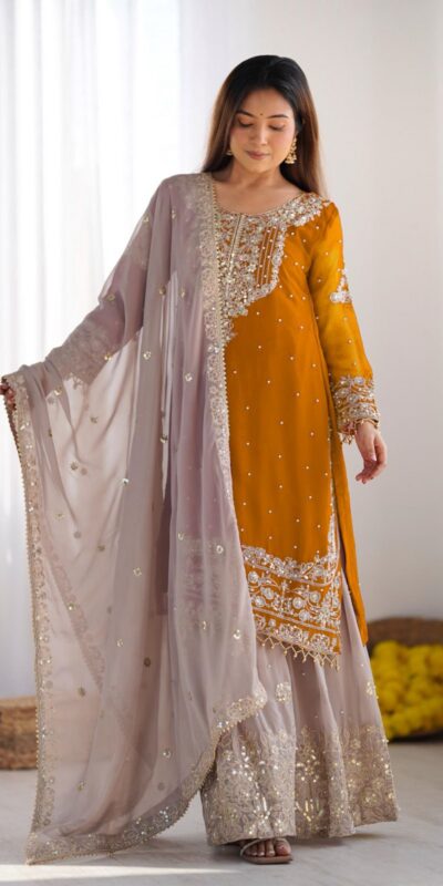 Mustard Faux Georgette With Moti Work Salwar Suit | Jump Suits, Salwar suit, Casual Suits, Creative suits, Designer Suits, Palazzo Suits, Party Wear Suits, Patiala Suits, Straight Suits