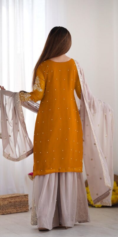 Mustard Faux Georgette With Moti Work Salwar Suit | Jump Suits, Salwar suit, Casual Suits, Creative suits, Designer Suits, Palazzo Suits, Party Wear Suits, Patiala Suits, Straight Suits