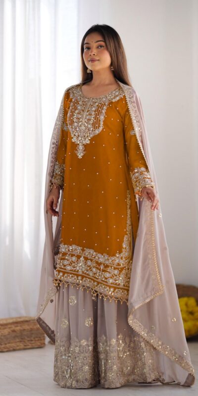 Mustard Faux Georgette With Moti Work Salwar Suit | Jump Suits, Salwar suit, Casual Suits, Creative suits, Designer Suits, Palazzo Suits, Party Wear Suits, Patiala Suits, Straight Suits