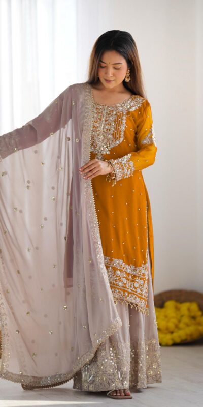 Mustard Faux Georgette With Moti Work Salwar Suit | Jump Suits, Salwar suit, Casual Suits, Creative suits, Designer Suits, Palazzo Suits, Party Wear Suits, Patiala Suits, Straight Suits