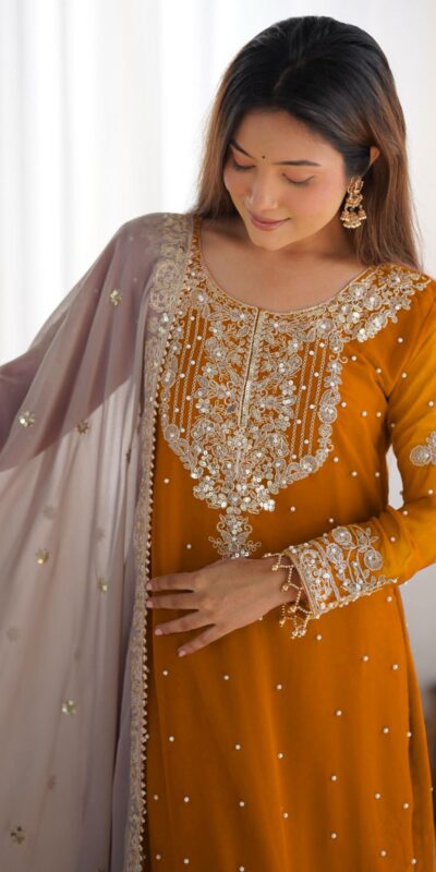 Mustard Faux Georgette With Moti Work Salwar Suit | Jump Suits, Salwar suit, Casual Suits, Creative suits, Designer Suits, Palazzo Suits, Party Wear Suits, Patiala Suits, Straight Suits