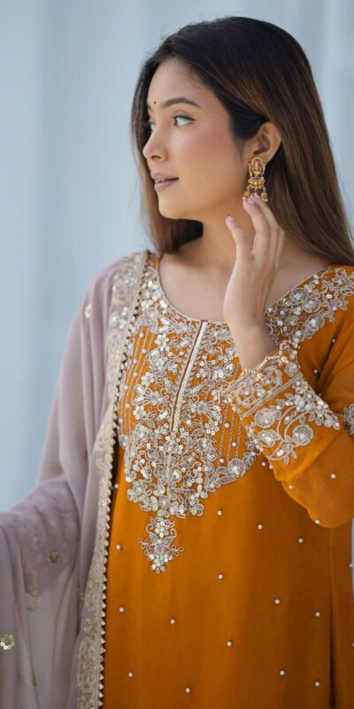 Mustard Faux Georgette With Moti Work Salwar Suit | Jump Suits, Salwar suit, Casual Suits, Creative suits, Designer Suits, Palazzo Suits, Party Wear Suits, Patiala Suits, Straight Suits