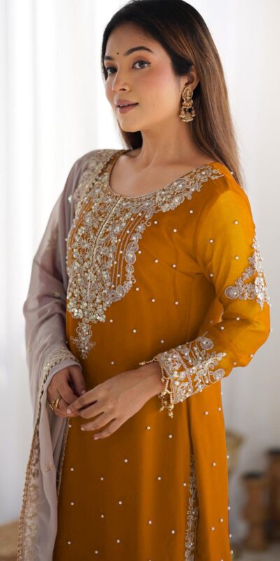 Mustard Faux Georgette With Moti Work Salwar Suit | Jump Suits, Salwar suit, Casual Suits, Creative suits, Designer Suits, Palazzo Suits, Party Wear Suits, Patiala Suits, Straight Suits