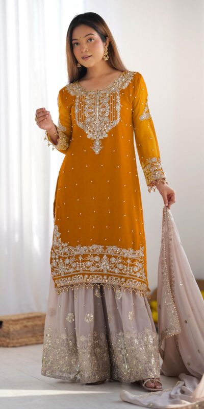 Mustard Faux Georgette With Moti Work Salwar Suit | Jump Suits, Salwar suit, Casual Suits, Creative suits, Designer Suits, Palazzo Suits, Party Wear Suits, Patiala Suits, Straight Suits
