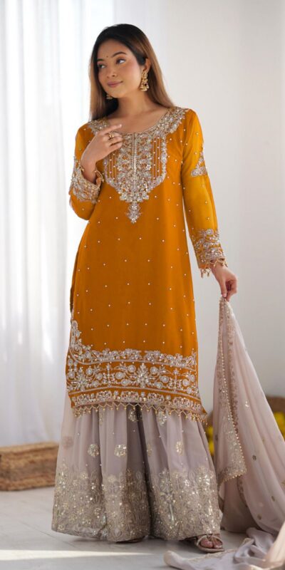 Mustard Faux Georgette With Moti Work Salwar Suit | Jump Suits, Salwar suit, Casual Suits, Creative suits, Designer Suits, Palazzo Suits, Party Wear Suits, Patiala Suits, Straight Suits