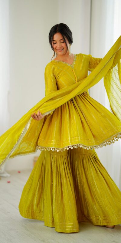 Mustard Mal Chanderi Mirror Work Salwar Suit | Jump Suits, Tops & Bottoms, Track Suits, Salwar suit, Casual Suits, Creative suits, Designer Suits, Palazzo Suits, Party Wear Suits, Patiala Suits, Straight Suits, Trendy Wear