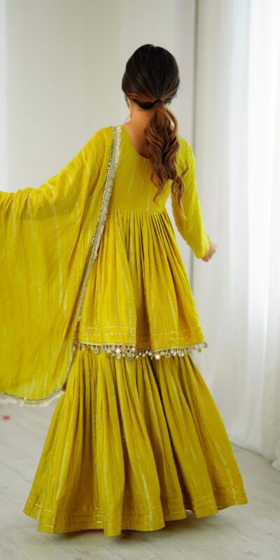 Mustard Mal Chanderi Mirror Work Salwar Suit | Jump Suits, Tops & Bottoms, Track Suits, Salwar suit, Casual Suits, Creative suits, Designer Suits, Palazzo Suits, Party Wear Suits, Patiala Suits, Straight Suits, Trendy Wear