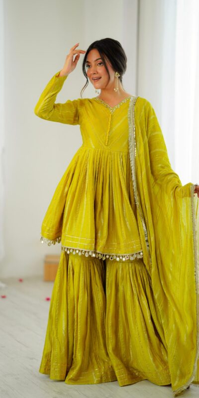 Mustard Mal Chanderi Mirror Work Salwar Suit | Jump Suits, Tops & Bottoms, Track Suits, Salwar suit, Casual Suits, Creative suits, Designer Suits, Palazzo Suits, Party Wear Suits, Patiala Suits, Straight Suits, Trendy Wear