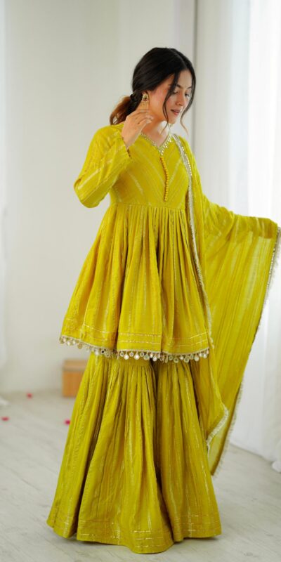 Mustard Mal Chanderi Mirror Work Salwar Suit | Jump Suits, Tops & Bottoms, Track Suits, Salwar suit, Casual Suits, Creative suits, Designer Suits, Palazzo Suits, Party Wear Suits, Patiala Suits, Straight Suits, Trendy Wear