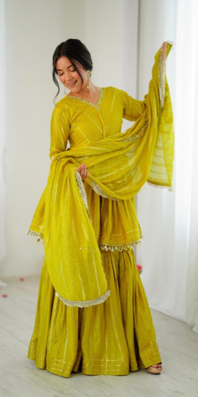 Mustard Mal Chanderi Mirror Work Salwar Suit | Jump Suits, Tops & Bottoms, Track Suits, Salwar suit, Casual Suits, Creative suits, Designer Suits, Palazzo Suits, Party Wear Suits, Patiala Suits, Straight Suits, Trendy Wear