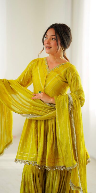 Mustard Mal Chanderi Mirror Work Salwar Suit | Jump Suits, Tops & Bottoms, Track Suits, Salwar suit, Casual Suits, Creative suits, Designer Suits, Palazzo Suits, Party Wear Suits, Patiala Suits, Straight Suits, Trendy Wear