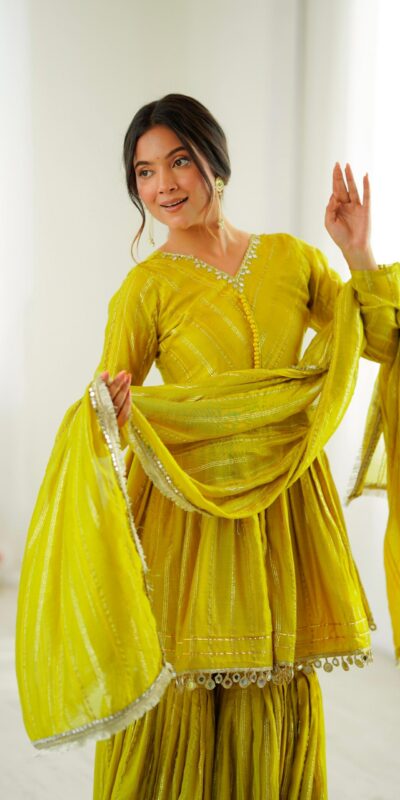 Mustard Mal Chanderi Mirror Work Salwar Suit | Jump Suits, Tops & Bottoms, Track Suits, Salwar suit, Casual Suits, Creative suits, Designer Suits, Palazzo Suits, Party Wear Suits, Patiala Suits, Straight Suits, Trendy Wear