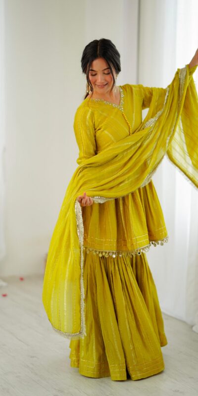 Mustard Mal Chanderi Mirror Work Salwar Suit | Jump Suits, Tops & Bottoms, Track Suits, Salwar suit, Casual Suits, Creative suits, Designer Suits, Palazzo Suits, Party Wear Suits, Patiala Suits, Straight Suits, Trendy Wear