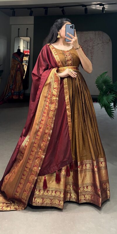 Mustard Narayan Pet Zari Weaving Work Gown | Gowns, Bollywood Gowns, Creative Gowns, Designer Gowns, Embroidered Gowns, Party Wear Gowns