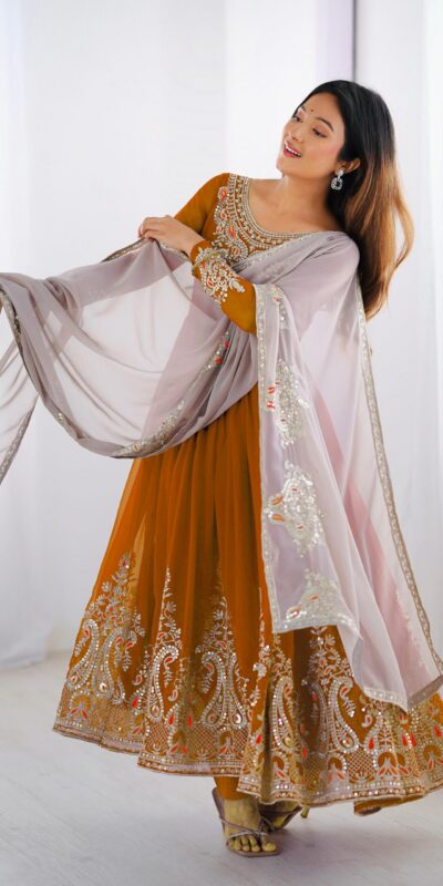 Mustered Georgette With Embroidery Work Gown | Jump Suits, Salwar suit, Casual Suits, Creative suits, Designer Suits, Palazzo Suits, Party Wear Suits, Patiala Suits, Straight Suits